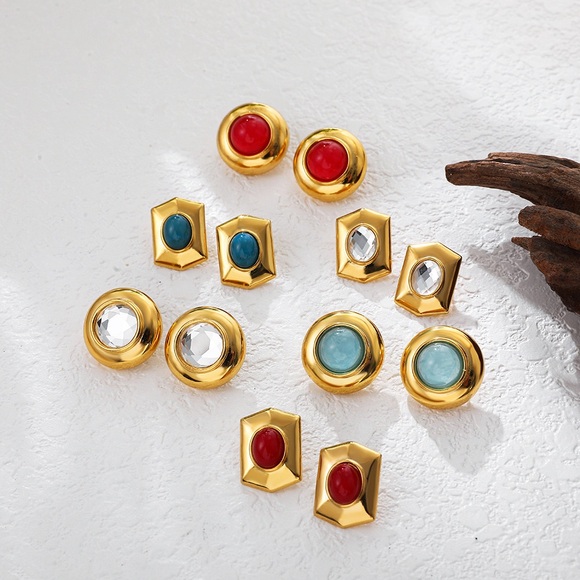 14K Gold Plated Old Money Aesthetic Earrings*Simulated Topaz*Round Chunky Stud - Picture 3 of 4